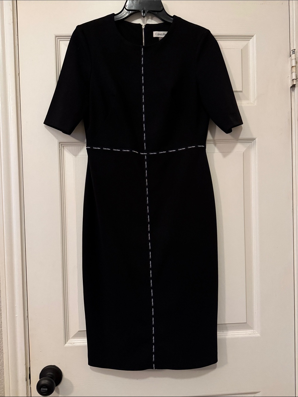 Calvin Klein Black Midi Sheath Dress with Logo Piping